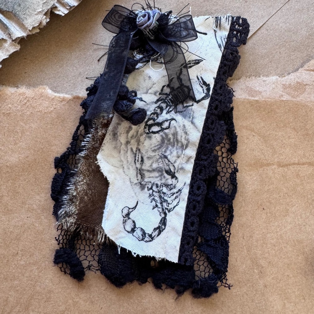 Handmade gothic lace scrappy tag embellishment insect scorpion whimsigoth creepy
